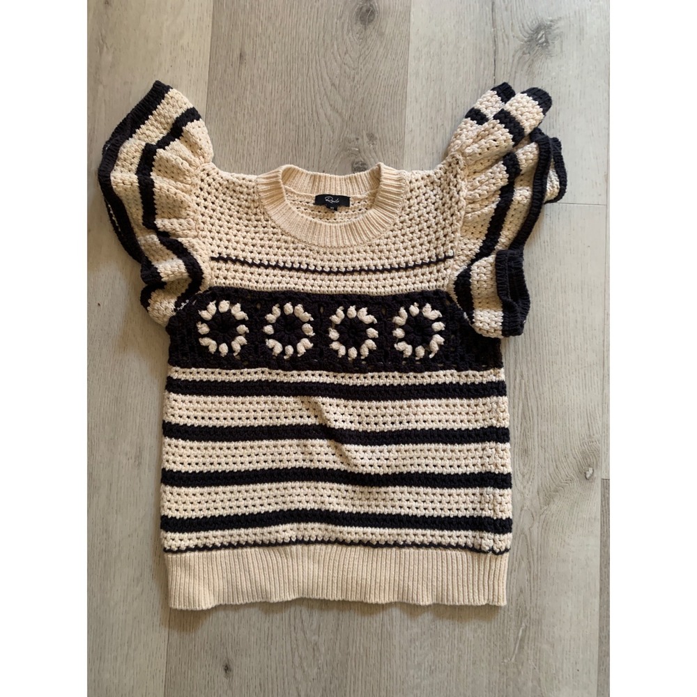 Rails Penelope Crochet Stripe Ruffle Sleeve Knit Top Oat Navy XS 829-305C-187D